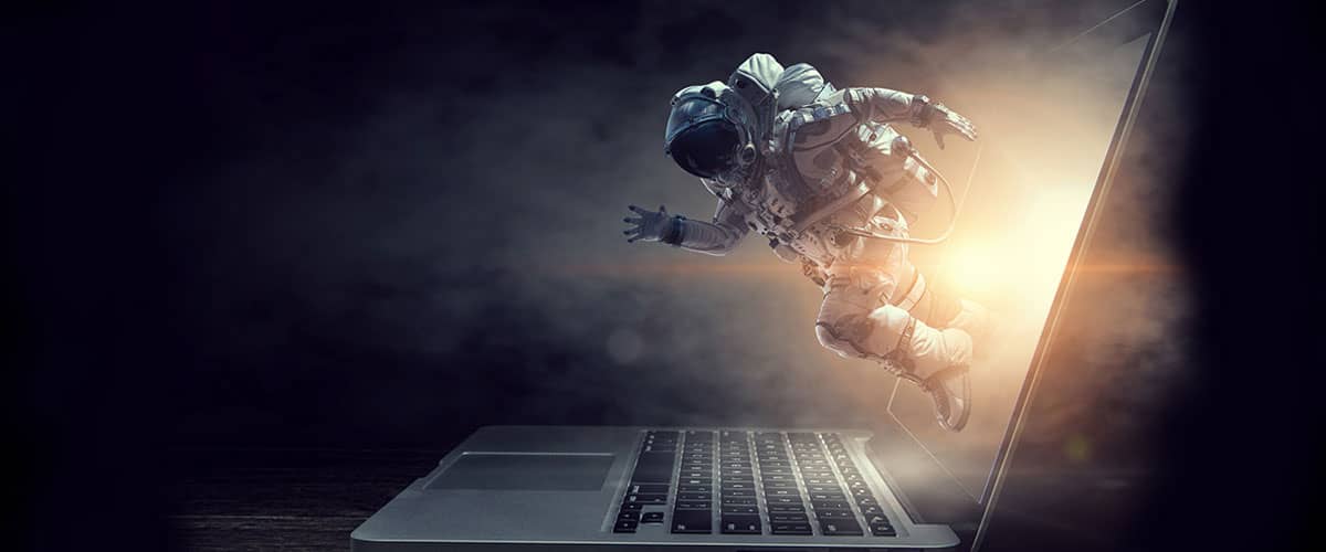 Spaceman jumping out of laptop screen